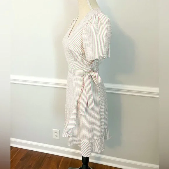 NWT Draper James RSVP Pink Green Striped Seersucker Puff Sleeve Wrap Dress, Sz S - Picture 8 of 10